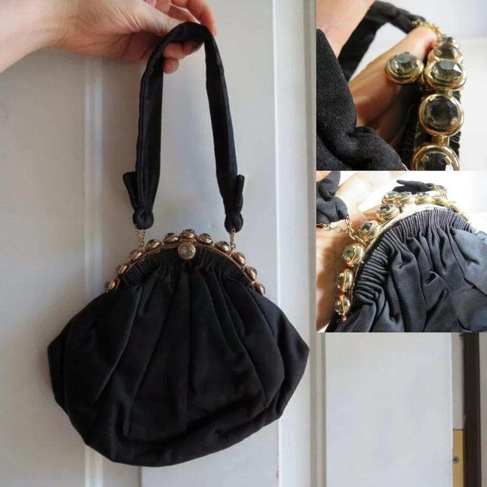 Vintage 1950s Black Satin Pouf Bag with Jeweled Frame Evening Bag Formal Costume